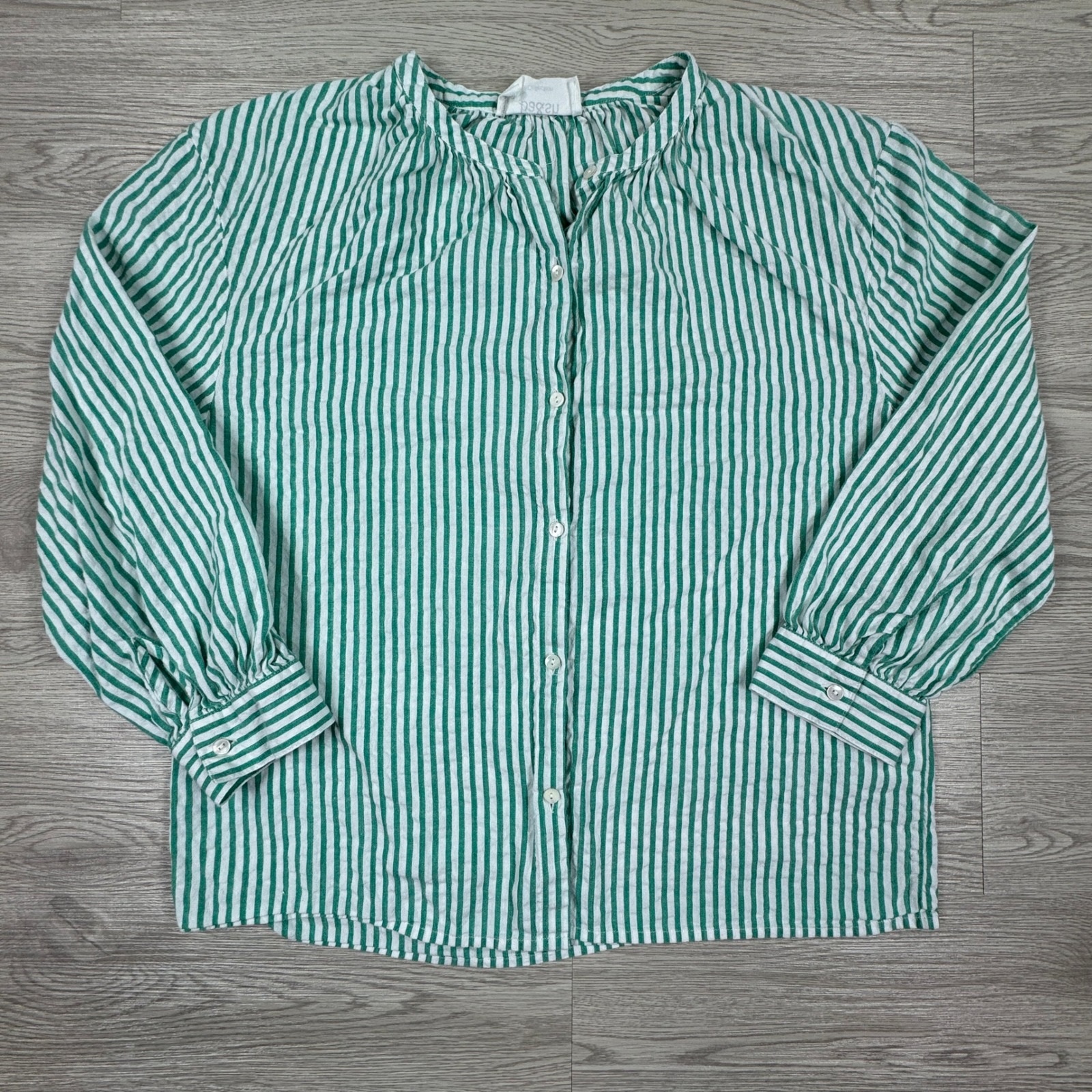 Ba&Sh Women's Blouse Green White Striped Long Sleeve Button Down Top Size M/L